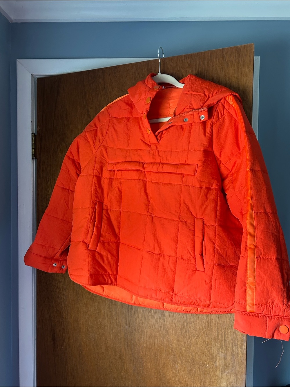 Women's Hooded Orange Puffer Pullover Jacket